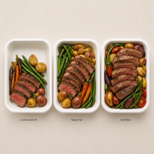 Bagasse food trays showing comfortable nearly full and overfilled meal portions