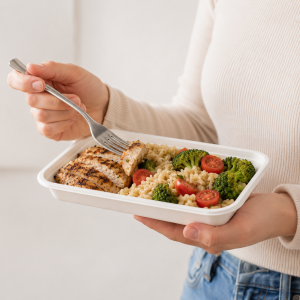 Person holding a bagasse food tray while eating with a fork