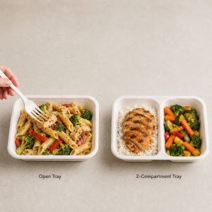 Open bagasse tray compared with two compartment tray for different meals