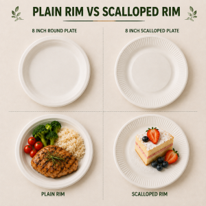 Plain rim and ridged rim bagasse plates compared with food