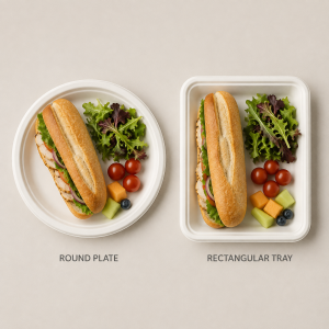 Same sandwich salad and fruit served on bagasse plate and rectangular tray