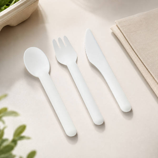 white-disposable-cutlery-set-spoon-fork-knife White disposable cutlery set including spoon fork and knife for food service