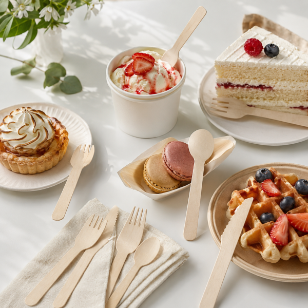 Wooden disposable cutlery used for desserts ice cream and takeaway food
