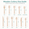Wooden cutlery size guide showing spoon fork and knife dimensions