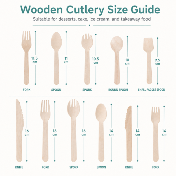 Wooden cutlery size guide showing spoon fork and knife dimensions