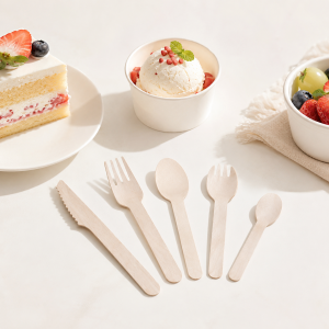 Wooden cutlery spoon fork and knife for desserts and takeaway food