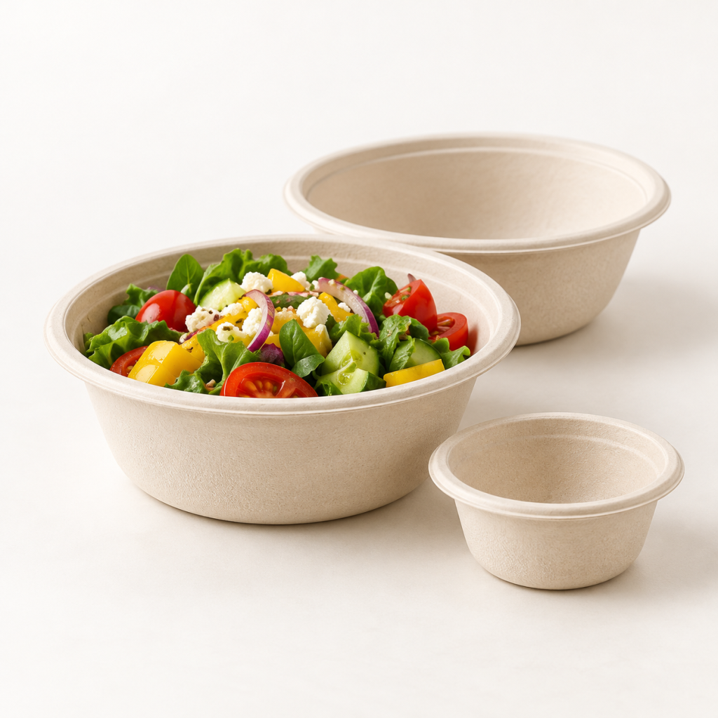 Round sugarcane bagasse food bowls displayed with fresh salad for wholesale