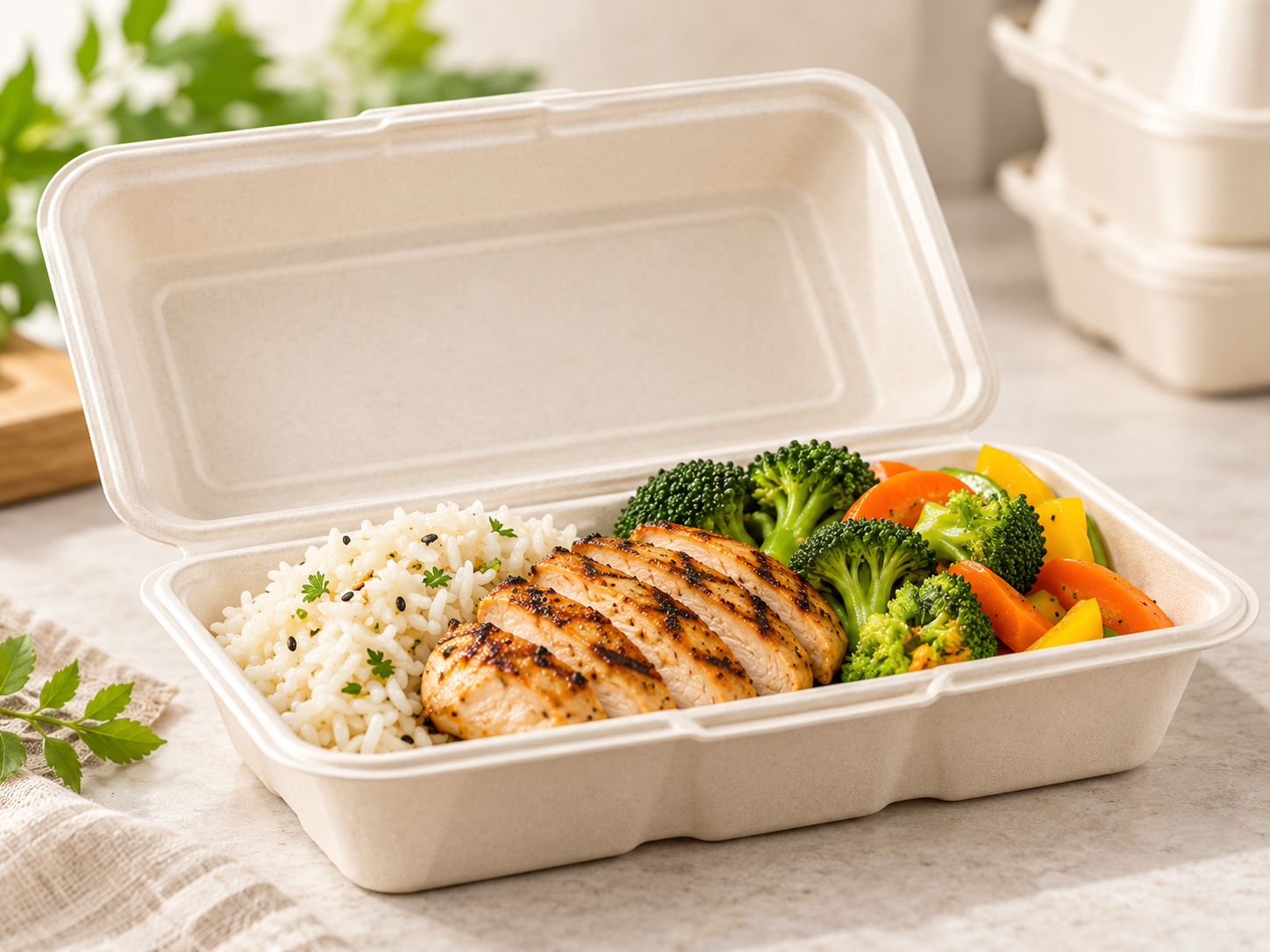 Open bagasse food container filled with grilled chicken, rice and vegetables for takeaway