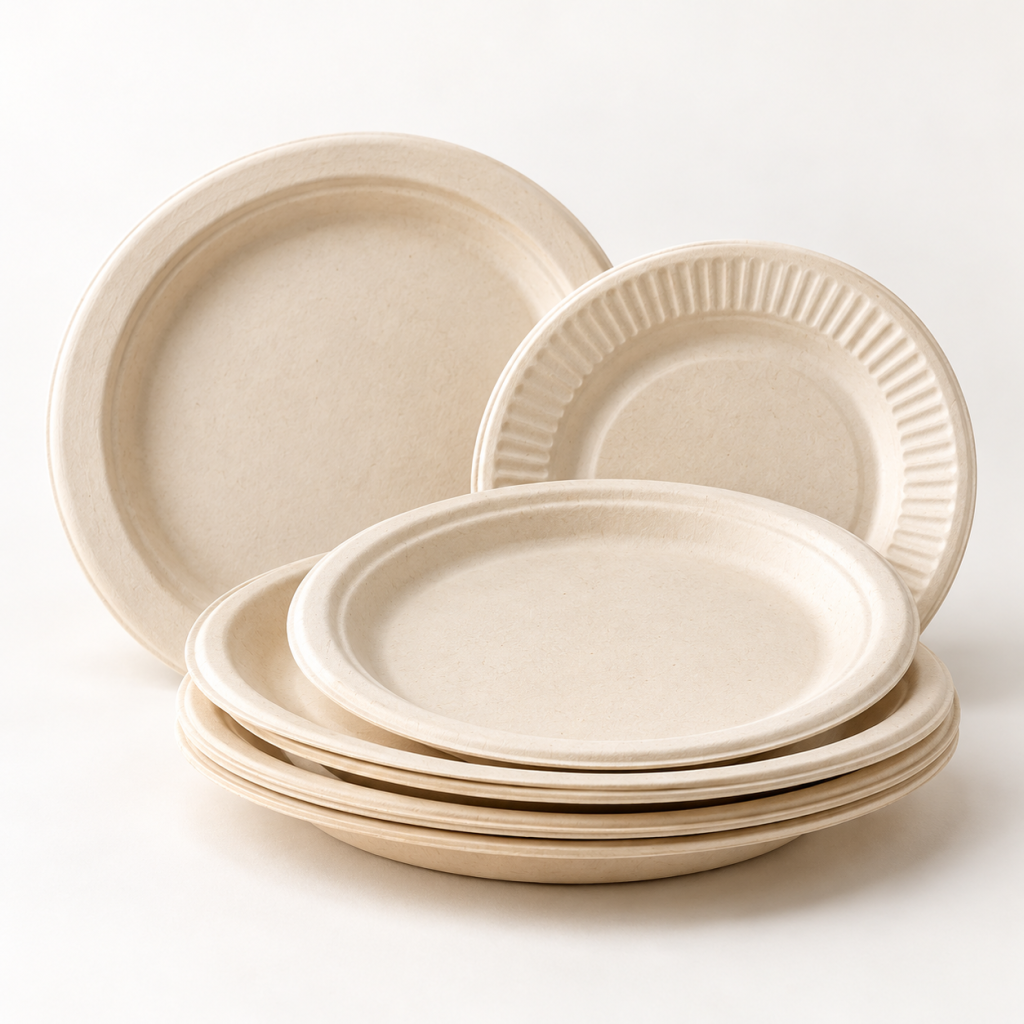 Round sugarcane bagasse food plates with plain and decorative rims