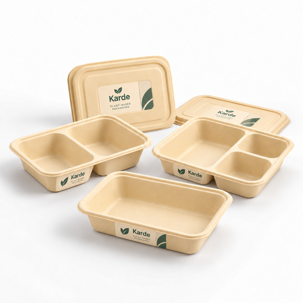 Branded cornstarch meal boxes with multiple compartment styles for takeaway