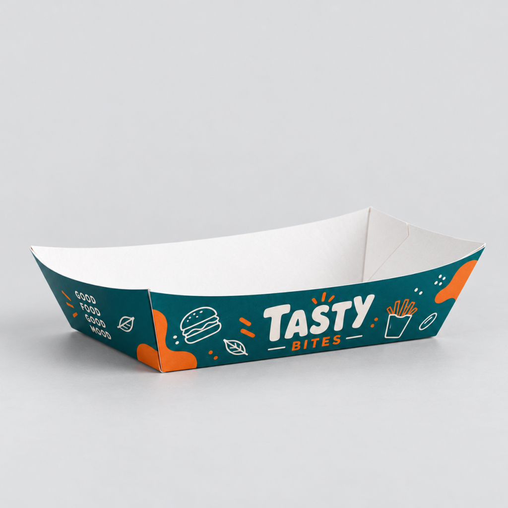 Custom paper food boats with teal orange printing for takeaway snacks