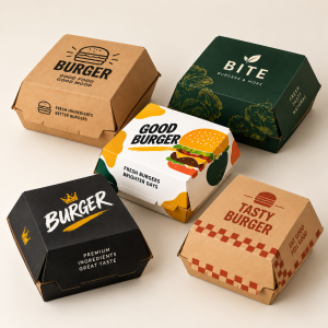 Different custom printed burger boxes showcasing branded kraft and white paperboard packaging
