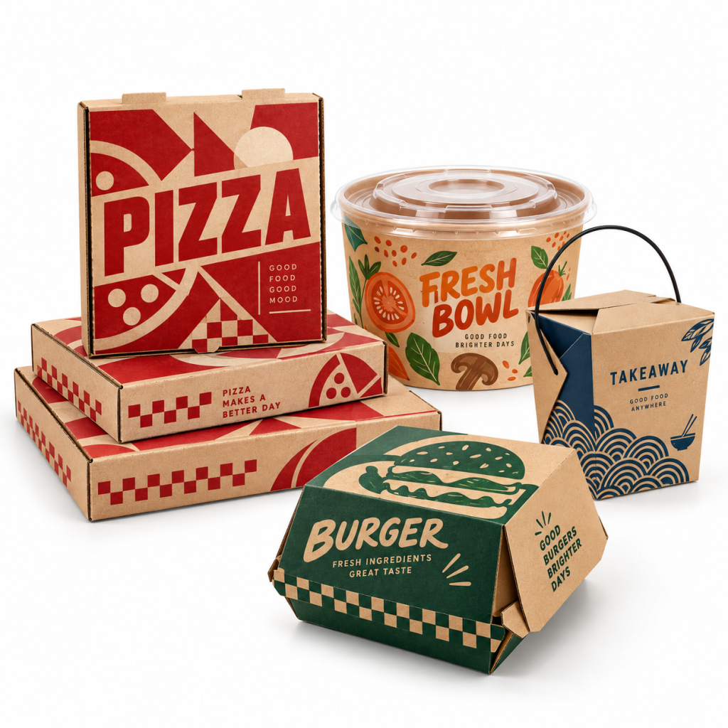 Custom printed kraft food packaging boxes for pizza burgers bowls and takeaway