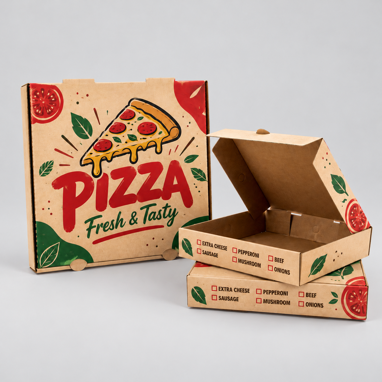 Custom printed kraft pizza boxes standing beside stacked boxes with open lid
