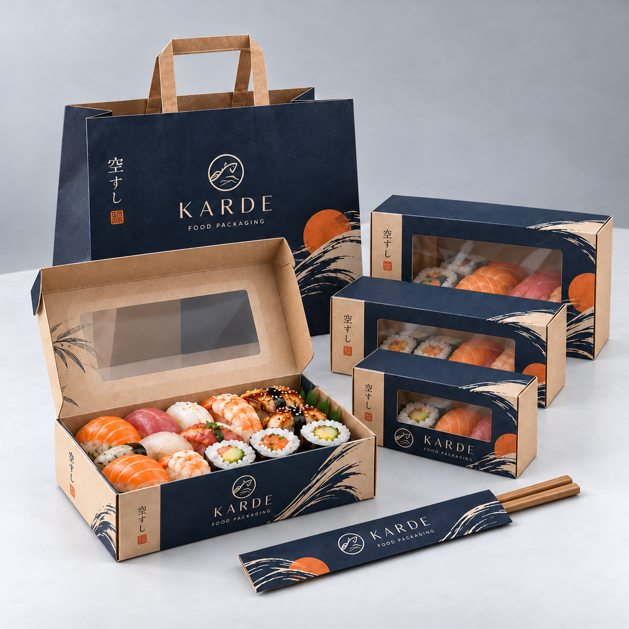 Custom sushi box packaging set with branded paper bags and window cartons