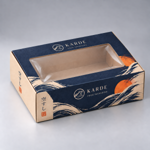 Custom sushi box with clear window and navy printed kraft paper packaging