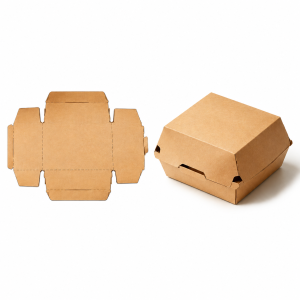 Flat unfolded kraft burger box beside assembled packaging showing folding structure