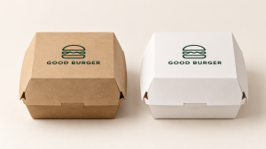 Natural kraft and white paperboard burger boxes compared for takeaway packaging