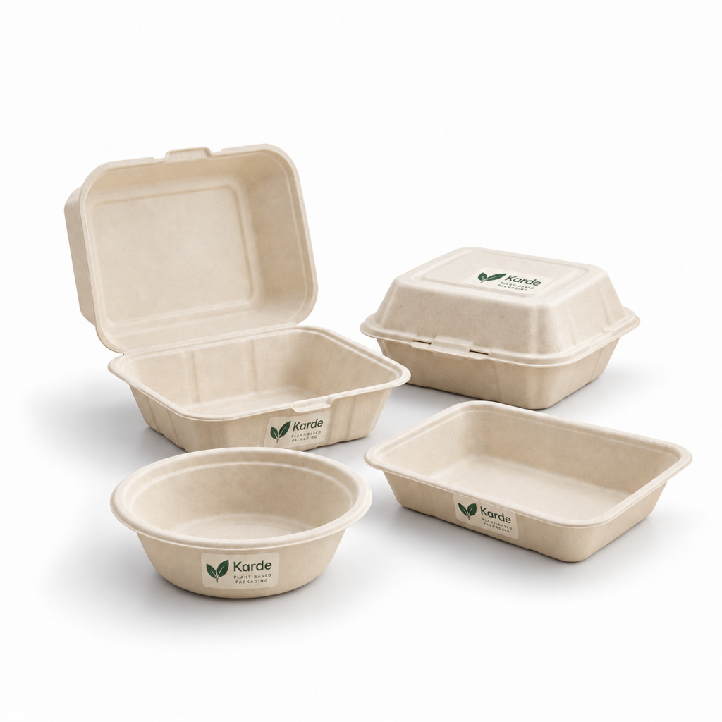 Labeled bagasse food boxes bowls and trays for eco takeaway packaging