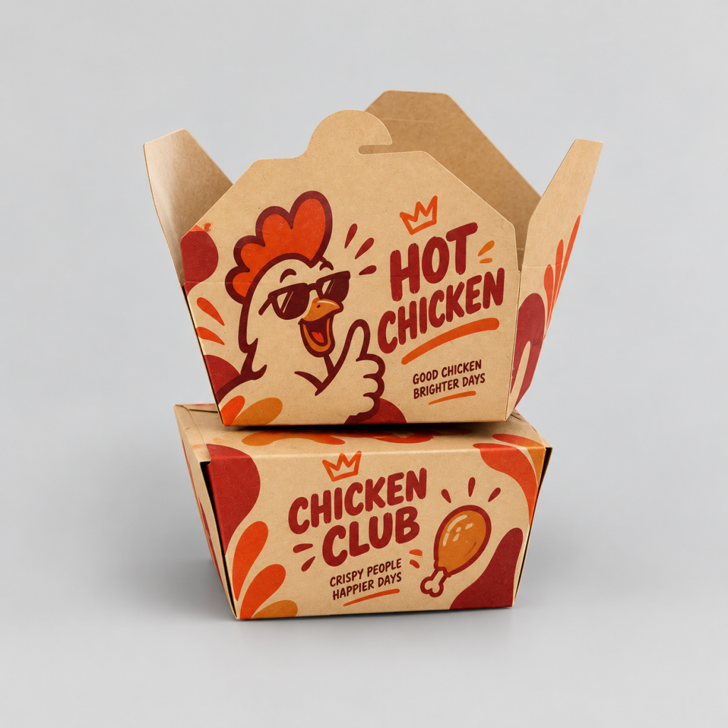 Red and orange custom printed fried chicken boxes stacked with open top