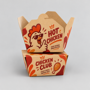 Red and orange custom printed fried chicken boxes stacked with open top